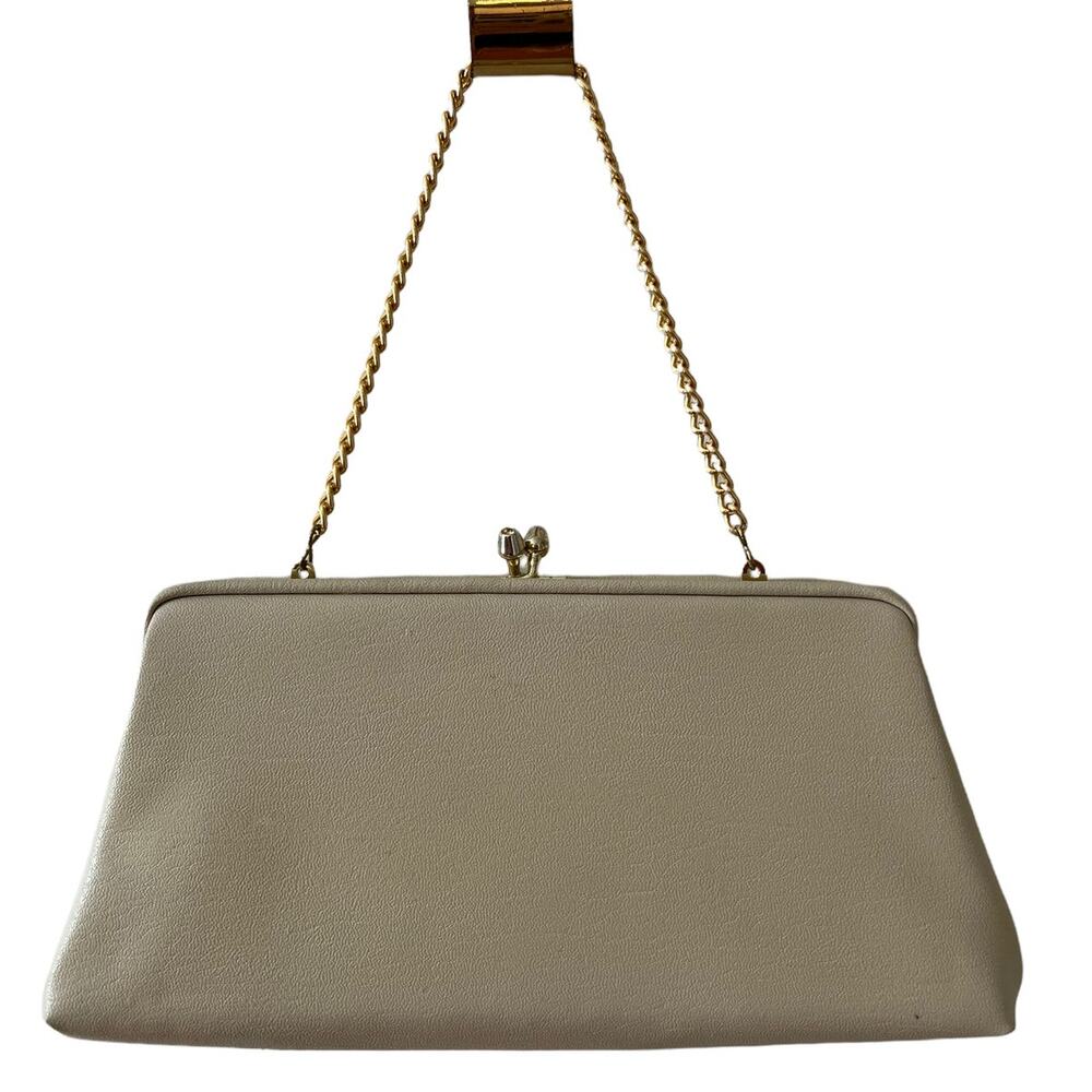 Vintage 60s beige structured shoulder bag with chain detail